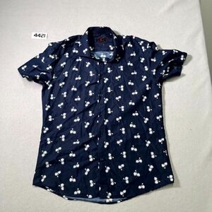 K Collection Shirt Mens Large Navy Blue Palm Tree Print Short Sleeve Button Up